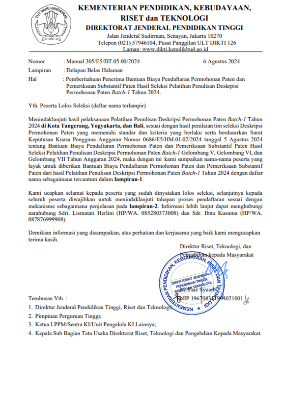 2 Dosen Fakultas Teknik Untirta Terpilih sebagai Penerima Bantuan Biaya Pendaftaran Permohonan Paten dan Pemeriksaan Substantif Paten Hasil Seleksi Pelatihan Penulisan Deskripsi Permohonan Paten Batch-1 tahun 2024