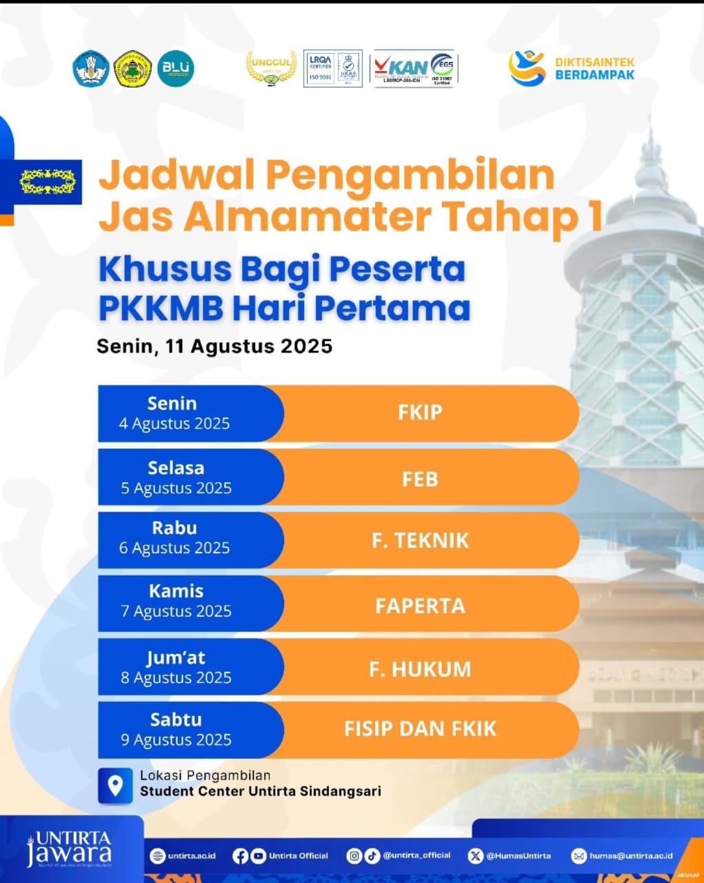 Jadwal Pengambilan Almet Maba Untirta Tahap 1